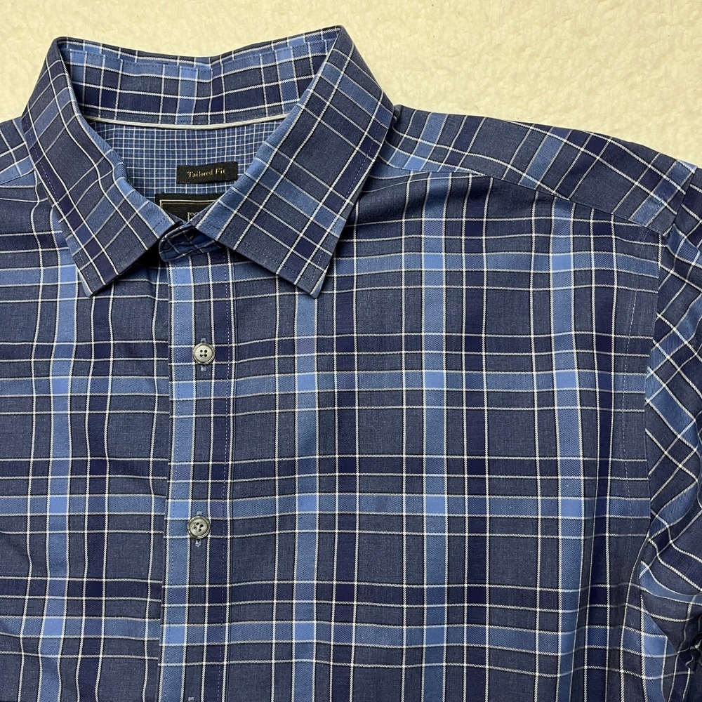 Jos A Bank Dress Shirt Mens Large Blue Reserve Tailored Fit Plaid Long Sleeve